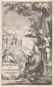 Podróżnik rysuje miasto Kleve Strona tytułowa dla: C. Bruin, Kleefsche and Zuid-Hollandsche Arkadia (...), 1730 autorstwa Abraham Zeeman