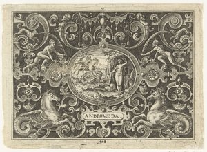 Kartusz: Perseusz uwalnia Andromedę Owalne kartusze ze scenami z życia Perseusza w oprawie groteski (tytuł serii) Andromeda (tytuł na obiekcie) autorstwa Abraham de Bruyn