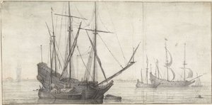 Żaglowce na wodzie stojącej w pobliżu wybrzeża autorstwa Abraham de Verwer (possibly)