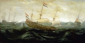 Holenderski statek płynący po bardzo wzburzonym morzu, podróżujący ze zredukowanymi żaglami, na których szaleje wiatr. Olej na miedzi, około 1625 roku, autorstwa Abrahama de Verwera (około 1585-1650). autorstwa Abraham de Verwer