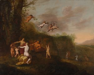 Bachus i nimfy w krajobrazie, prawdopodobnie lata czterdzieste XVII wieku. autorstwa Abraham van Cuylenborch