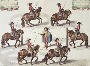 Markiz Newcastle udzielający kapitanowi Mazin lekcji jazdy konnej, płyta 15 z The Method and New Invention of Dressing Horses autorstwa Williama Cavendisha (1592-1676) Markiz Newcastle, grawerowane przez Lucasa Vo