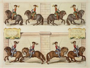 Marquis of Newcastle na koniu demonstruje kroki ujeżdżeniowe, płyta 22 z „The Method and New Invention of Dressing Horses” Williama Cavendisha (1592-1676) Marquis of Newcastle, grawerowane przez T.
