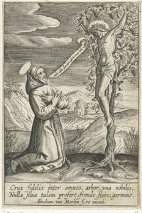Klęczący święty przed Chrystusem na krzyżu autorstwa Abraham van Merlen