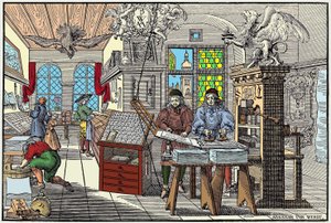Wnętrze drukarni w Norymberdze, Niemcy: robotnicy przy pracy, początek XVII w. - grav. przez Abrahama van Werdta. autorstwa Abraham van Werdt