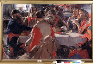 Czas na herbatę (picie herbaty). Obraz Abrama Jefimowicza Arkhipowa (1862-1930). Olej na płótnie, 79 x 31 cm. Sztuka rosyjska, koniec XIX-początek XX wieku. Państwowa Galeria Sztuki im. B. Kustodiewa, Astrachań (Rosja).