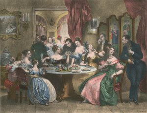 Le The, The Tea Party (kolorowa litografia) autorstwa Achille (after) Deveria
