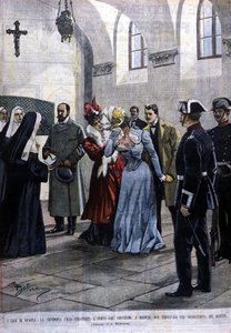 W Madrycie młoda kobieta, Mademoiselle Ubao, zostaje wyrwana z życia zakonnicy w klasztorze, w którym była za namową jezuitów. Ilustracja autorstwa Beltrame. Domenica del Corriere. 1901. autorstwa Achille Beltrame