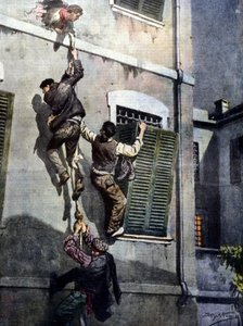 Brawurowa ucieczka czterech więźniów z więzienia Asti po przebiciu się przez ścianę. Rysunek autorstwa Beltrame. Domenica del Corriere. 1902 autorstwa Achille Beltrame