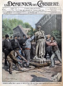 Posąg kupiony przez rząd za 450 tys. lirów zostaje sprowadzony do Rzymu i przekazany ministrowi Ravie. Ill. de Beltrame. Domenica del Corriere. 10/1909. autorstwa Achille Beltrame