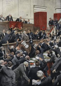 Burzliwe posiedzenie we włoskiej Izbie Deputowanych podczas debaty budżetowej. Poseł Chiesa zawiesza głosowanie rzucając urnę wyborczą. “La Domenica del Corriere” autorstwa Achille Beltrame