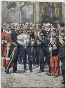 Alfons XIII (1886-1941), król Hiszpanii na ceremonii wręczenia swego syna Alfonsa (1907-1938), hrabiego Covadonga, księcia Asturii. Rysunek Achille Beltrame. od 1907 roku. autorstwa Achille Beltrame