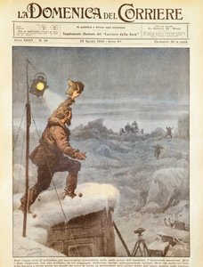 Amerykański odkrywca Richard E Byrd, do którego dołączyli towarzysze na Antarktydzie po pięciu miesiącach samotności, Achille Beltrame, ilustracja, Ilustrator Achille Beltrame (1871-1945), z La Domenica del Corriere, 26 sierpnia 1934 autorstwa Achille Beltrame