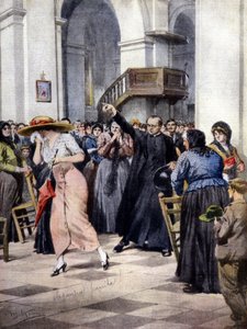 Przykład moralizmu religijnego: młodą kobietę wygania z kościoła ksiądz i wierni zgorszeni jej lekkim ubiorem. Zdj. A. Beltrame. „La Domenica del Corriere” autorstwa Achille Beltrame