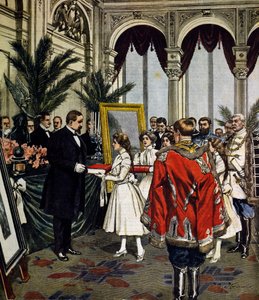 Rocznica autora Quo Vadis?, wręczenie darów Sinkieviczowi w Warszawie, ilustracja Achille Beltrame, La Domenica del Corriere, nr 3, 20 stycznia autorstwa Achille Beltrame