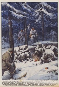 Poddanie się! Fiński patrol otacza nocą pięciu Rosjan wokół małego piecyka w lesie