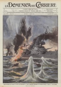 Zacięta bitwa, by zmusić Dardanele, wybuchające miny zatapiają pancernik? autorstwa Achille Beltrame