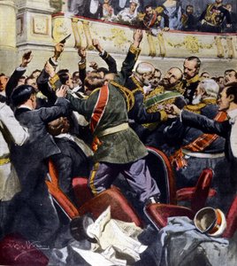 Atak na rosyjskiego ministra Stołypina w kijowskim teatrze miejskim. Ilustracja autorstwa Beltrame autorstwa Achille Beltrame