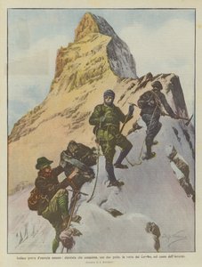 Śmiały dowód ludzkiej energii, alpinista, który z dwoma przewodnikami zdobywa szczyt Matterhornu w sercu zimy autorstwa Achille Beltrame