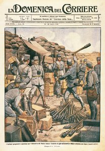 Barbarzyńcy austriaccy przygotowujący się do ofensywy na dolnym Isonzo, ilustracja z La Domenica del Corriere, 23 lipca autorstwa Achille Beltrame