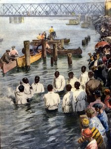 Ceremonia chrztu w Cedar River w stanie Iowa (USA) czarnoskórych członków sekty Kościoła Bożego. Zdj. A. Beltrame. Domenica del Corriere autorstwa Achille Beltrame