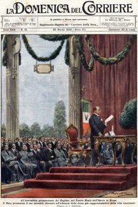 Benito Mussolini wygłasza przemówienie w Teatro Reale opery w Rzymie przed przywódcami reżimu. ilustracja Achillesa Beltrame’a”, „Domenica del corriere”” z 24 marca 1929 r. autorstwa Achille Beltrame