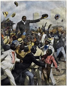 Bokser Jack Johnson przybył do Chicago w 1910 roku. Ilustracja Achille Beltrame dla La Domenica del Corriere””. autorstwa Achille Beltrame