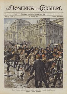 Z włoskimi studentami w Wiedniu, walka włoskich i niemieckich studentów przed Uniwersytetem autorstwa Achille Beltrame