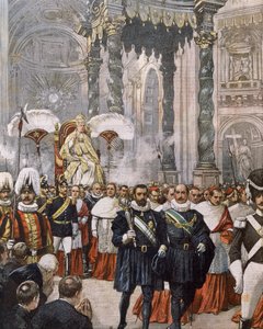 Koronacja papieża Piusa X w bazylice św. Piotra, Watykan, ilustracja Achille Beltrame z La Domenica del Corriere autorstwa Achille Beltrame