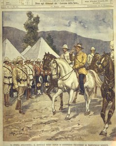 Ilustracja na okładce przedstawiająca poddanie się generała Cronje przed marszałkiem Robertsem podczas wojen anglo-zuluskich i anglo-burskich w latach 1850-1902 autorstwa Achille Beltrame
