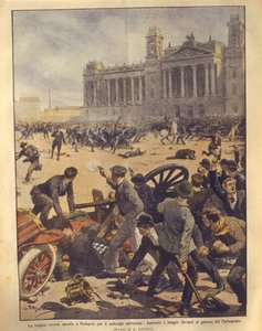 Ilustracja na okładce przedstawiająca walki na Placu Parlamentu podczas buntu w Budapeszcie autorstwa Achille Beltrame