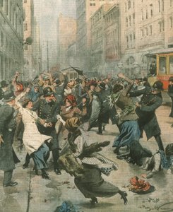 Ilustracja na okładce przedstawiająca kobiety protestujące przeciwko bezrobociu na ulicy; Nowy Jork, USA autorstwa Achille Beltrame