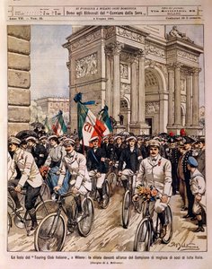Rowerzyści paradujący przed Łukiem Pokoju, obchody Italian Touring Club w Mediolanie, Włochy, ilustracja Achille Beltrame z La Domenica del Corriere, 4 czerwca autorstwa Achille Beltrame