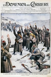 Klęska dziesiątej armii rosyjskiej w Prusach Wschodnich: żołnierze rosyjscy podnoszący broń w kapitulacji, płyta Achille Beltrame (1871-1945) z La Domenica del Corriere, 28 lutego-7 marca 1915 autorstwa Achille Beltrame