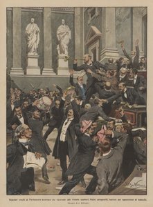 Czescy deputowani w austriackim parlamencie, którzy używają trąbek, bębnów, gwizdków, dzwonków? autorstwa Achille Beltrame