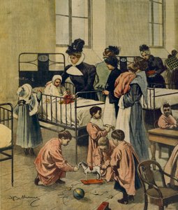 Rozdawanie prezentów bożonarodzeniowych biednym dzieciom w szpitalu, Achille Beltrame, ilustracja, Ilustrator Achille Beltrame (1871-1945), z La Domenica del Corriere, 23 listopada 1900 autorstwa Achille Beltrame