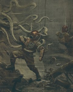 Nurek zaatakowany przez ośmiornicę olbrzymią podczas nurkowania, Achille Beltrame, ilustracja, Illustrator Achille Beltrame (1871-1945), z La Domenica del Corriere, 25 października 1908 autorstwa Achille Beltrame