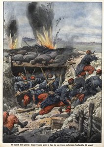 Epizod wojny 1914: Francuzi w okopach są bombardowani przez wrogów. “La Domenica del Corriere” autorstwa Achille Beltrame