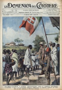 Faszyzm 1937: Spotkania w Gambela, centrum handlowym imperium etiopskiego, rdzennych wodzów i osobistości w celu dokonania aktu przystąpienia do rządu włoskiego. Ilustracja Achille Beltrame w „La domenica del corriere” 17.01.2019 autorstwa Achille Beltrame