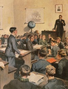 Walka z analfabetyzmem, dzieci w szkole, Achille Beltrame, ilustracja, Ilustrator Achille Beltrame (1871-1945), z La Domenica del Corriere autorstwa Achille Beltrame