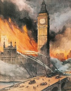 Pożar w Westminster Palace w Londynie po niemieckim bombardowaniu, ilustracja z „The Sunday Courier” autorstwa Achille Beltrame