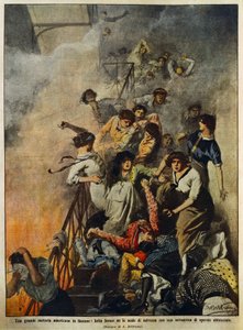 Pożar w dużej amerykańskiej fabryce włókienniczej: robotnicy na klatce schodowej, ilustracja Achille Beltrame (1871-1945), z La Domenica del Corriere, 10 sierpnia autorstwa Achille Beltrame