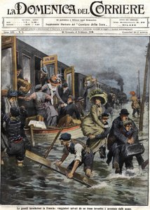 Powodzie w okolicach Paryża w styczniu 1910 r. okładka „Domenica del corriere” z 6 lutego autorstwa Achille Beltrame
