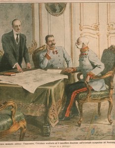 Franciszek Józef I, cesarz Austrii, omawiający okupację Czarnogóry, ilustracja na okładce z „La Domenica del Corriere” autorstwa Achille Beltrame