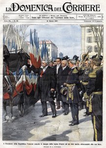 Prezydent Francji Armand Fallieres (1841 - 1931) wręcza medal Legii Honorowej bohaterowi, który zginął w bitwie. Ill. de Beltrame. Domenica del Corriere. 31.03.1907. autorstwa Achille Beltrame