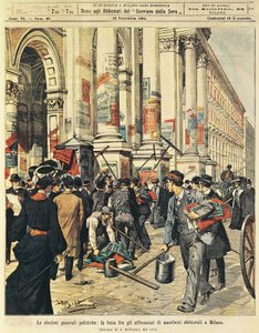 Wybory powszechne w Mediolanie: konfrontacje między ludźmi wieszającymi plakaty polityczne w Mediolanie, autor: Achille Beltrame (1871-1945), z La Domenica del Corriere autorstwa Achille Beltrame