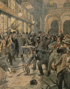 Strajk generalny robotników w Mediolanie, Zamieszki w Galleria Vittorio Emanuele II, Achille Beltrame, ilustracja, Ilustrator Achille Beltrame (1871-1945), z La Domenica del Corriere autorstwa Achille Beltrame