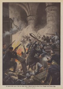 Epizody wojny, walka żołnierzy belgijskich i niemieckich w kościele we wsi we Flandrii belgijskiej