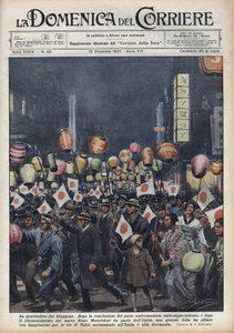 Wielkie zbezczeszczenie mieszkańców Tokio, aby oddać hołd Włochom i Niemcom po uznaniu nowego państwa Mandżukuo (Manchukuo lub Manzhouguo) Ilustracja Achille
