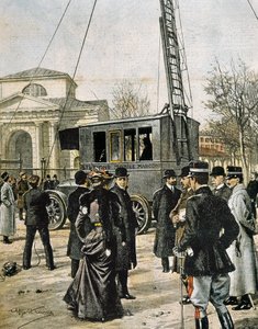 Guglielmo Marconi asystuje w Mediolanie przy testowaniu pierwszego Stazione Radio Mobile. Ilustracja Achille Beltrame do „Domenica del Corriere” (1906). Rytownictwo. autorstwa Achille Beltrame